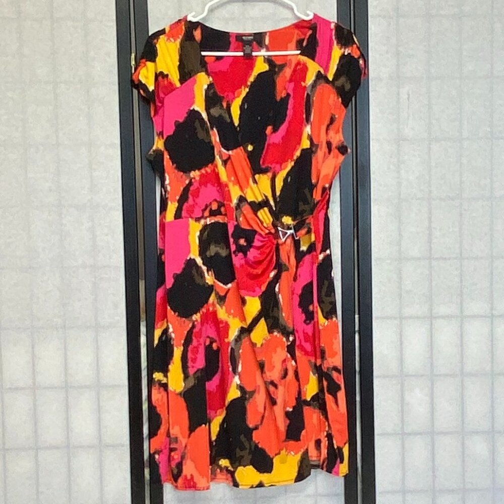 Alfani V-Neck Faux Wrap Midi Dress LP Black Multicolor Splotch Print Cap Sleeve